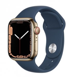 Apple Apple Watch Series 7 GPS + Cellular, 45mm Koperta ze stali nierdzewnej w kolorze złotym z paskiem sportowym w kolorze błęk