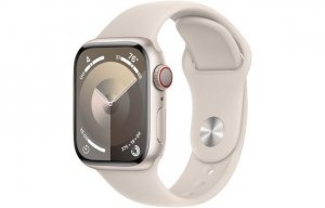 Apple Watch Series 9 GPS + Cellular, 41mm Koperta z aluminium w kolorze księżycowej poświaty z paskiem sportowym w kolorze księż