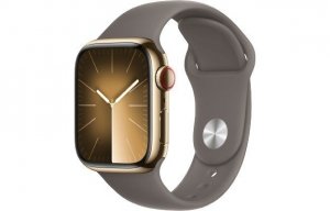 Apple Watch Series 9 GPS + Cellular, 41mm Koperta ze stali nierdzewnej w kolorze złotym z paskiem sportowym w kolorze popielateg
