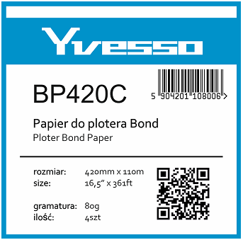 Papier w roli do plotera Yvesso Bond 420x110m 80g BP420C