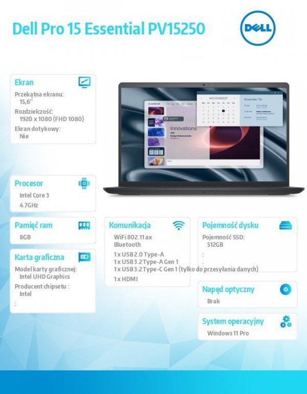 Dell Laptop Dell Pro 15 Essential PV15250 W11P C3-100U|8GB|512GB|Intel UHD|FgrPr|WLAN+BT|15.6 FHD|BcklKb|3C|65W|3YPS Carbon Blac