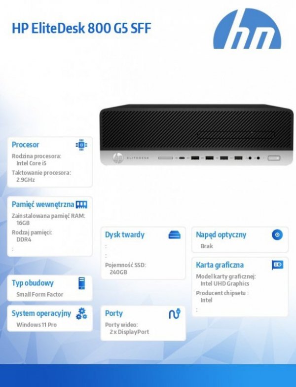 HP Inc. Komputer poleasingowy EliteDesk 800 G5 SFF Core i5 9400 (9-gen.) 2,9 GHz / 16 GB / SSD 240GB / Win 11 Prof.