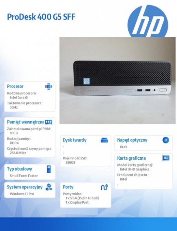 HP Inc. Komputer poleasingowy ProDesk 400 G5 SFF Core i5 8500 (8-gen.)   3,0 GHz / 16 GB / SSD 256GB NVME / Win 11 Prof.