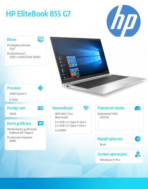 HP Inc. Notebook poleasingowy HP EliteBook 855 G7 Ryzen 5 Pro 4650U      2,1 GHz / 16 GB / 240 SSD / 15,6'' FullHD / W