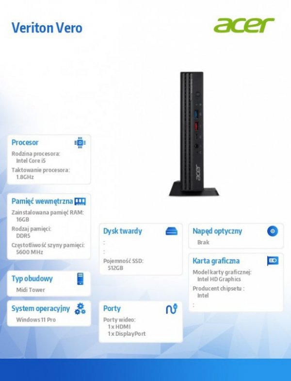 Acer Veriton  Komputer PC VVN4720GT i5-14400/16GB/512GB/W11PRO , 3 Years on Site
