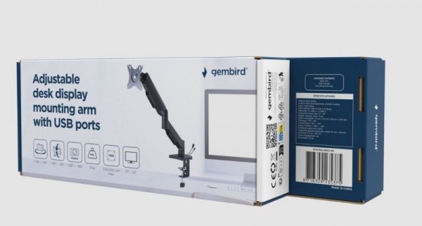Gembird Ramię biurkowe na jeden monitor z portami USB,          regulowane,  od 17 do 32 cali, obciążenie do 9kg