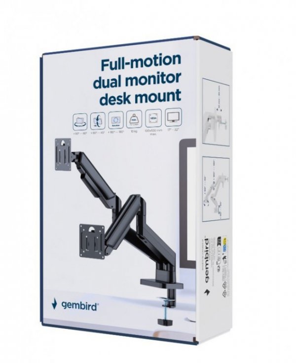 Gembird Ramię biurkowe  na dwa monitory regulowane, od 17 do 32 cale obciążenie do 10kg, kolor biały