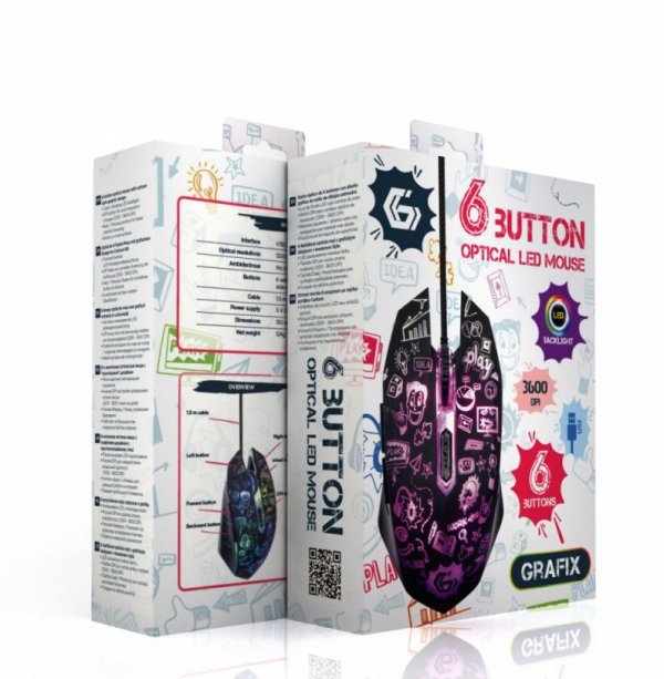 Gembird Mysz optyczna LED, 6-przyciskowa, USB, czarna