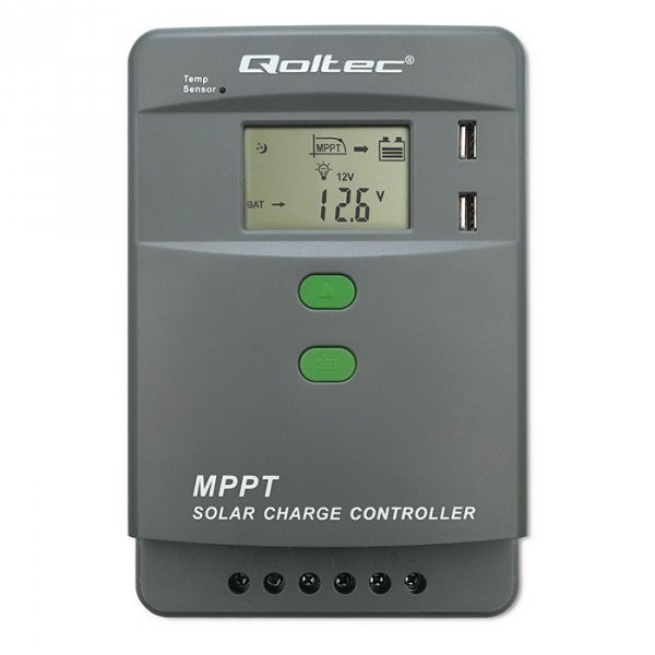 Qoltec Solarny regulator ładowania MPPT z czujnikiem temperatury 10A |  12V/24V | LCD | 2xUSB | GEL | LiFePO4