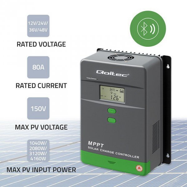 Qoltec Solarny regulator ładowania MPPT z czujnikiem temperatury 80A |  12V/24V/36V/48V | LCD | Bluetooth | APP | GEL | LiFePO4