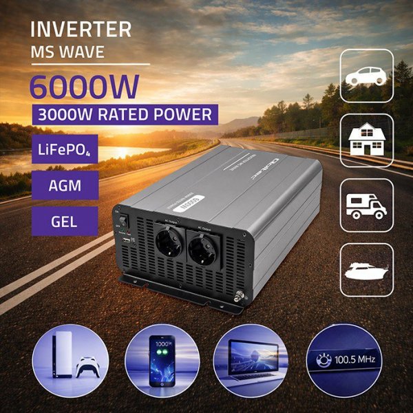 Qoltec Przetwornica napięcia MS Wave | 12V na 230V | 3000/6000W