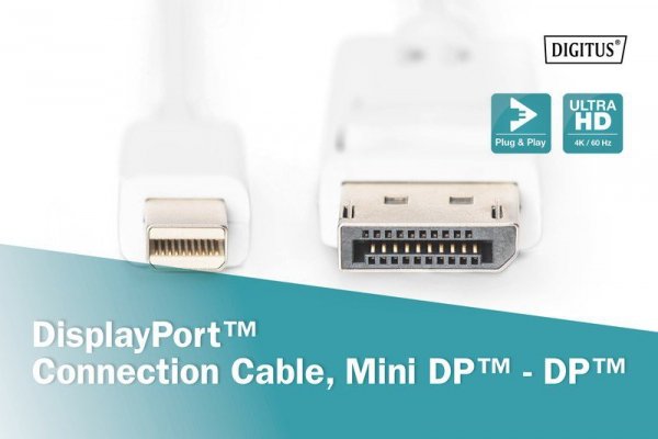 Digitus Kabel połączeniowy Displayport 1080p 60Hz FHD Typ miniDP/DP M/M 3m Biały