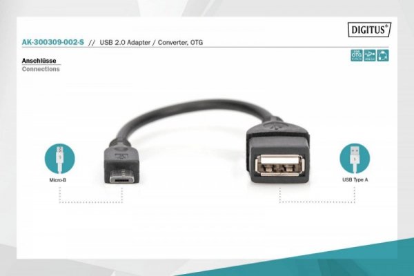 Digitus Kabel adapter USB 2.0 HighSpeed OTG Typ microUSB B/USB A M/Ż 0,2m Czarny
