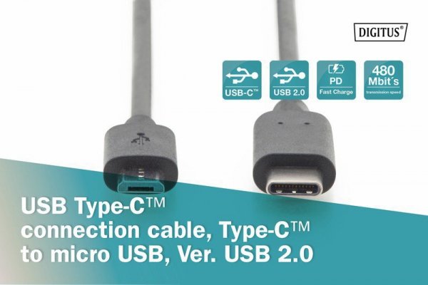 Digitus Kabel połączeniowy USB 2.0 HighSpeed Typ USB C/microUSB B M/M czarny 1,8m