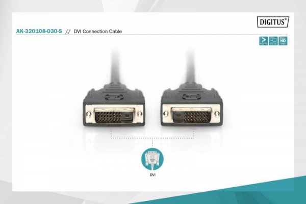 Digitus Kabel połączeniowy DVI-D DualLink WQXGA 30Hz Typ DVI-D (24+1)/DVI-D (24+1) M/M 3m Czarny