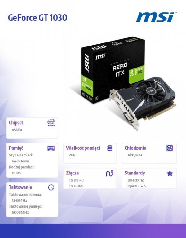 MSI Karta graficzna GeForce GT 1030 2GB AERO ITX OC DDR5 64BIT DVI/HDMI