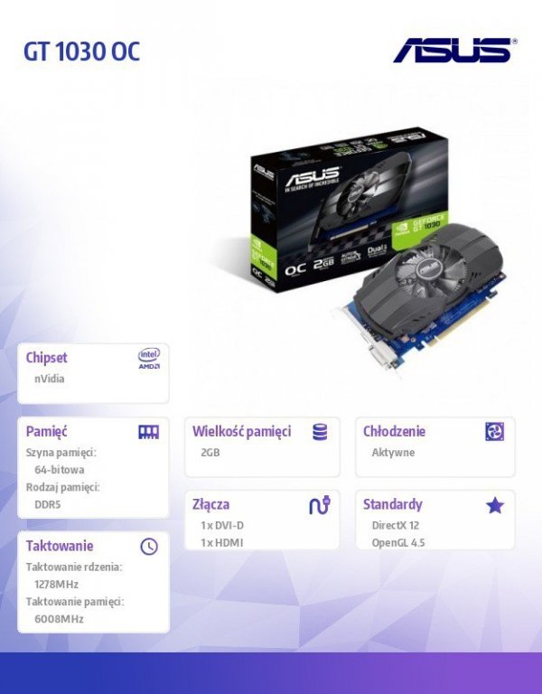 Asus Karta graficzna GeForce GT 1030 OC 2GB GDDR5 64BIT HDMI/DVI