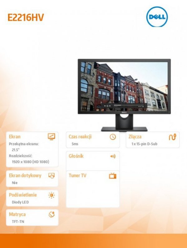 Dell Monitor E2216HV 21,5 cali LED TN Full HD (1920 x1080) /16:9/VGA/3Y PPG