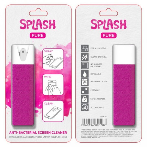 Splash Pure antybakteryjny spray do ekranu z mikrofibrą różowy