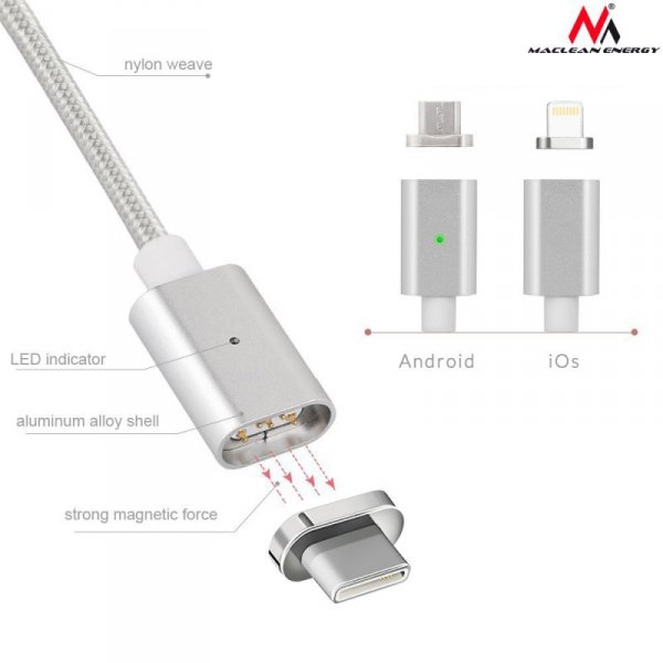 Maclean Kabel USB Type-C magnetyczny srebrny MCE178