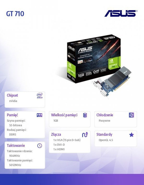 Asus Karta graficzna GeForce GT 710 1GB GDDR5 32BIT DVI/HDMI/D-Sub