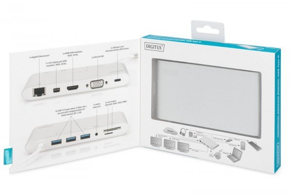 Digitus Stacja dokująca USB Typ C, 11 dodatkowych portów, funkcja Dual Monitor, 4K 30Hz, aluminiowa, srebrna
