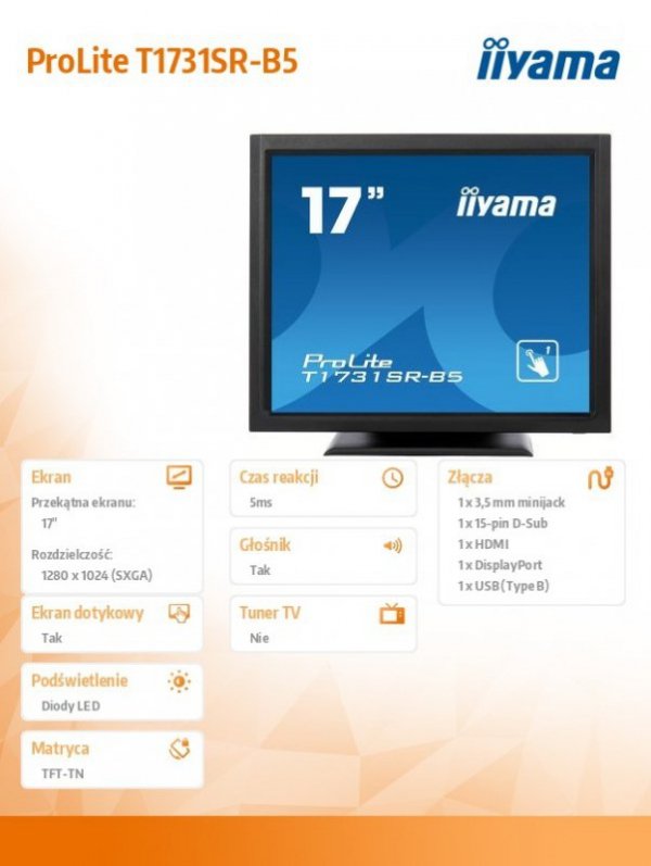 IIYAMA Monitor dotykowy T1731SR-B5 17 TN, IP54, głośniki