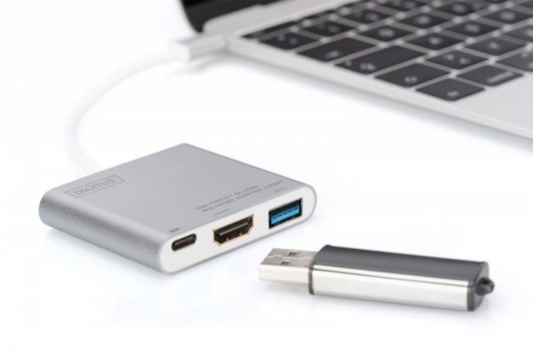 Digitus Multi Adapter 1xHDMI 4K 30Hz UHD, 1xUSB Typ C PD (61W), 1xUSB A 3.0 na USB Typ C, Aluminiowy
