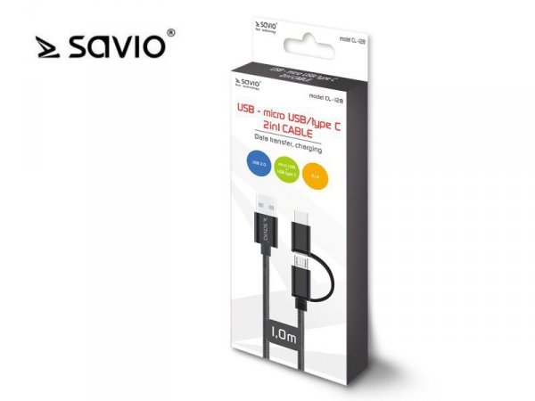 Elmak Kabel USB 2w1 USB typ C/micro, 2.1A, 1m SAVIO CL-128