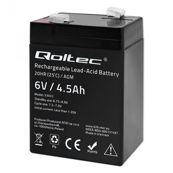 Qoltec Akumulator AGM | 6V | 4.5Ah | max.1.35A