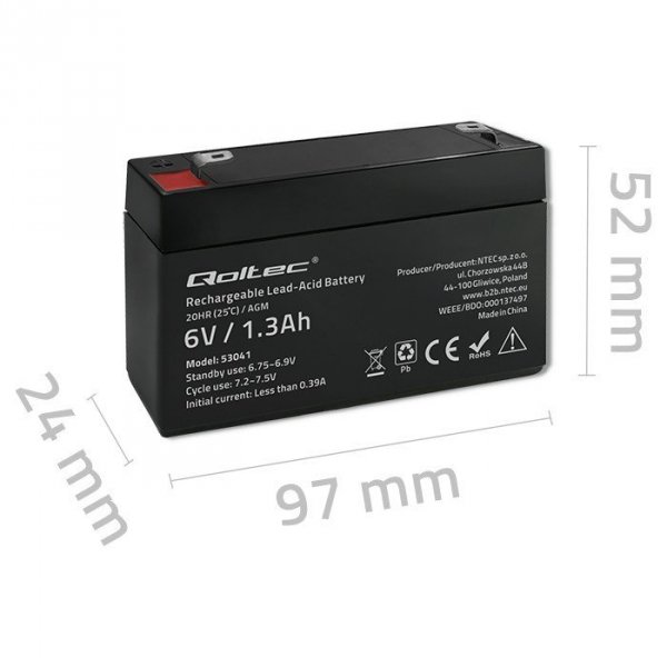 Qoltec Akumulator AGM | 6V | 1.3Ah | max.0.39A
