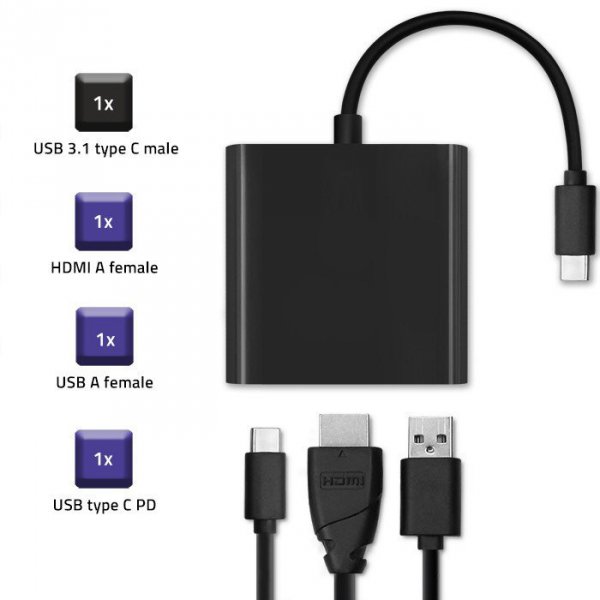 Qoltec Adapter USB 3.1 typ C / HDMI + USB A + USB typ C | Czarny