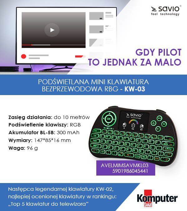 Elmak Klawiatura bezprzewodowa podświetlana SAVIO KW-03 Android TV Box, Smart TV, PS3, XBOX 360, PC
