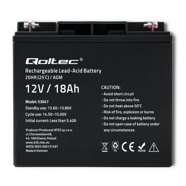 Qoltec Akumulator AGM 12V | 18Ah | max. 270A