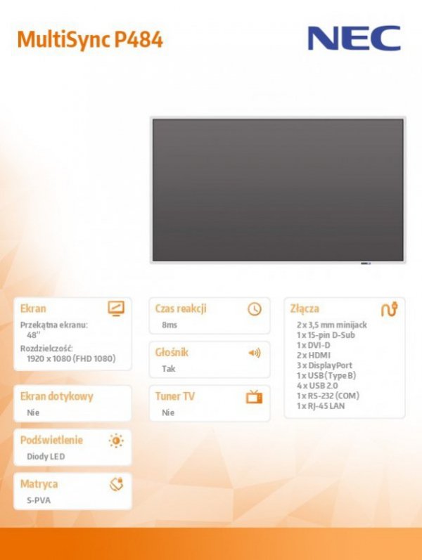 NEC Monitor 48 cali MultiSync P484 biały LED 700cd/m2 24/7