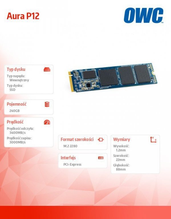 OWC Dysk SSD Aura P12 M.2 NVMe 240GB 3400/3000MBs 600k IOPS