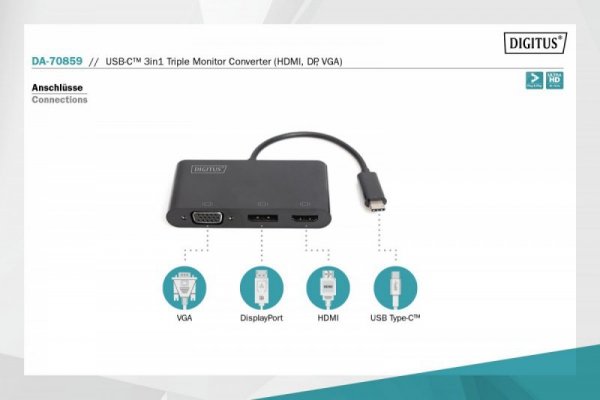 Digitus Adapter graficzny HDMI/DP/VGA 4K 60Hz UHD/ FHD na USB 3.1 Typ C, z audio, Czarny