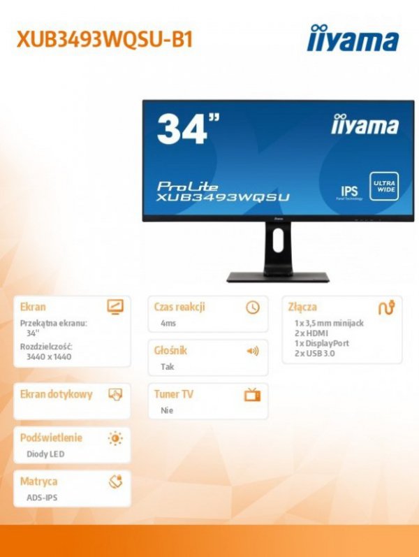 IIYAMA Monitor 34 cali XUB3493WQSU-B1 IPS UWQHD DP/USB/2xHDMI