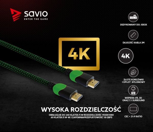Elmak Kabel HDMI-HDMI v2.0, OFC, miedź, 3D, gamingowy, XBOX, zielono-czarny, oplot, 4K, 3.0m SAVIO GCL-06