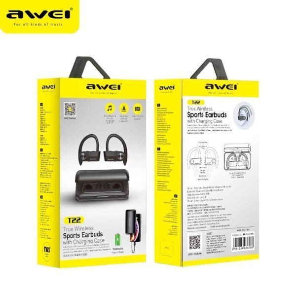 AWEI Słuchawki Bluetooth 5.0 T22 TWS + stacja dokująca/power bank 1500mAh Czarny