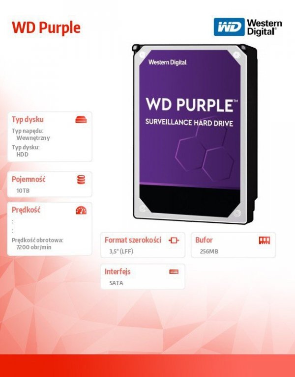 Western Digital Dysk WD Purple 10TB 3,5 256M B SATA 7200rpm WD102PURZ