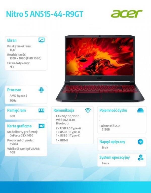 Acer Notebook Nitro 5 AN515-44-R9GT Linux 4600H/8GB/512GB/GTX1650 4GB/15.6 FHD