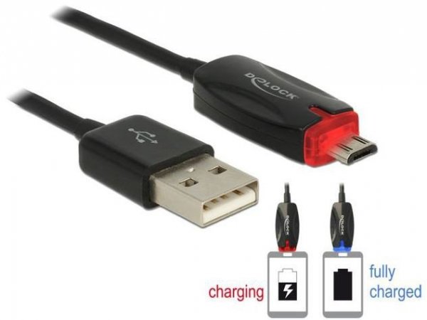 Delock Kabel USB MICRO(M)-&gt;USB-A(M) 2.0 1M czarny wskaźnik ładow.LED