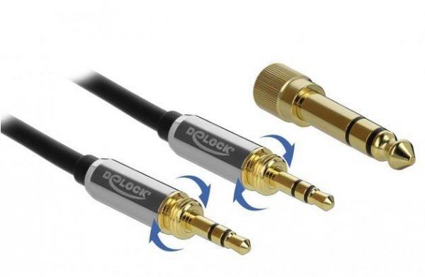 Delock Kabel audio minijack 3.5mm M/M 3 PIN + 2x przejściówka nakręcana jack 6.35mm 1m czarny