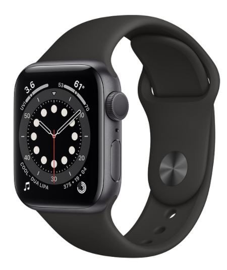 Apple Zegarek Series 6 GPS, 44mm koperta z aluminium w kolorze gwiezdnej szarości z czarnym paskiem sportowym - Regular
