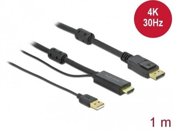 Delock Kabel HDMI(M) -&gt; DISPLAYPORT(M) 4K 1M ZASILANY USB A(M) CZARNY
