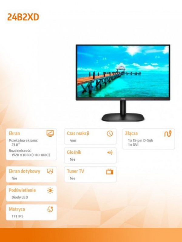 AOC Monitor 24B2XD 23.8 cala IPS DVI