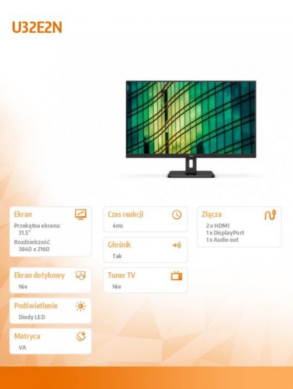AOC Monitor U32E2N 31.5 cala VA 4K HDMIx2 DP Głośniki
