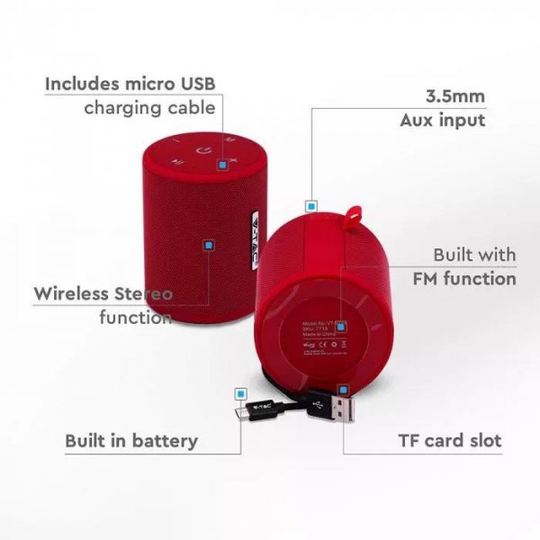 V-tac Przenośny głośnik Bluetooth Czerwony