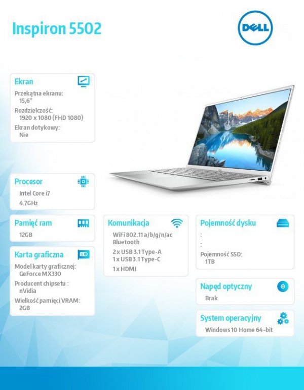 Dell Inspiron 5502 Win10Home i5-1135G7/512GB/8GB/15.6&quot;FHD/Nvidia MX330/FPR/KB-Backlit/53WHR/Silver/2Y BWOS